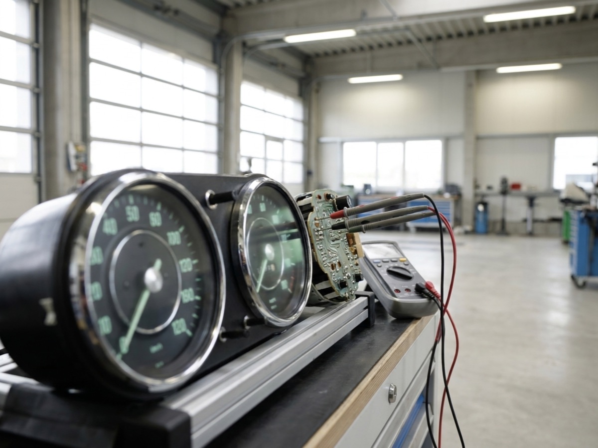 Kombiinstrument am Prüfstand mit angeschlossenem Multimeter bei der Fehlerdiagnose