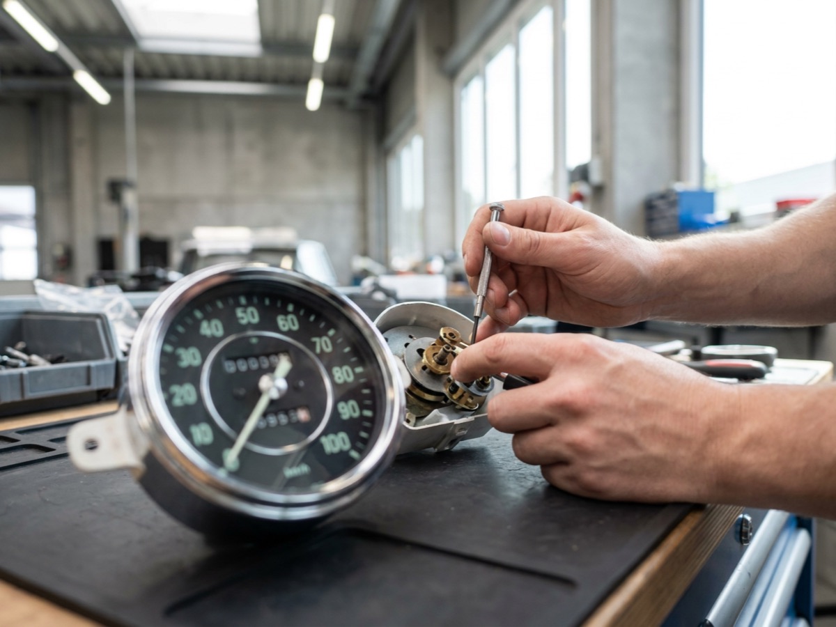 Mechaniker repariert ein geöffnetes klassisches Tachometer mit feinem Schraubendreher